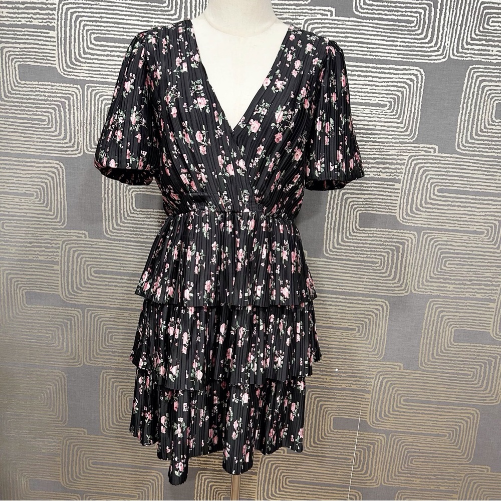 WAYF Floral Tiered Minidress In Black Roses. NWT